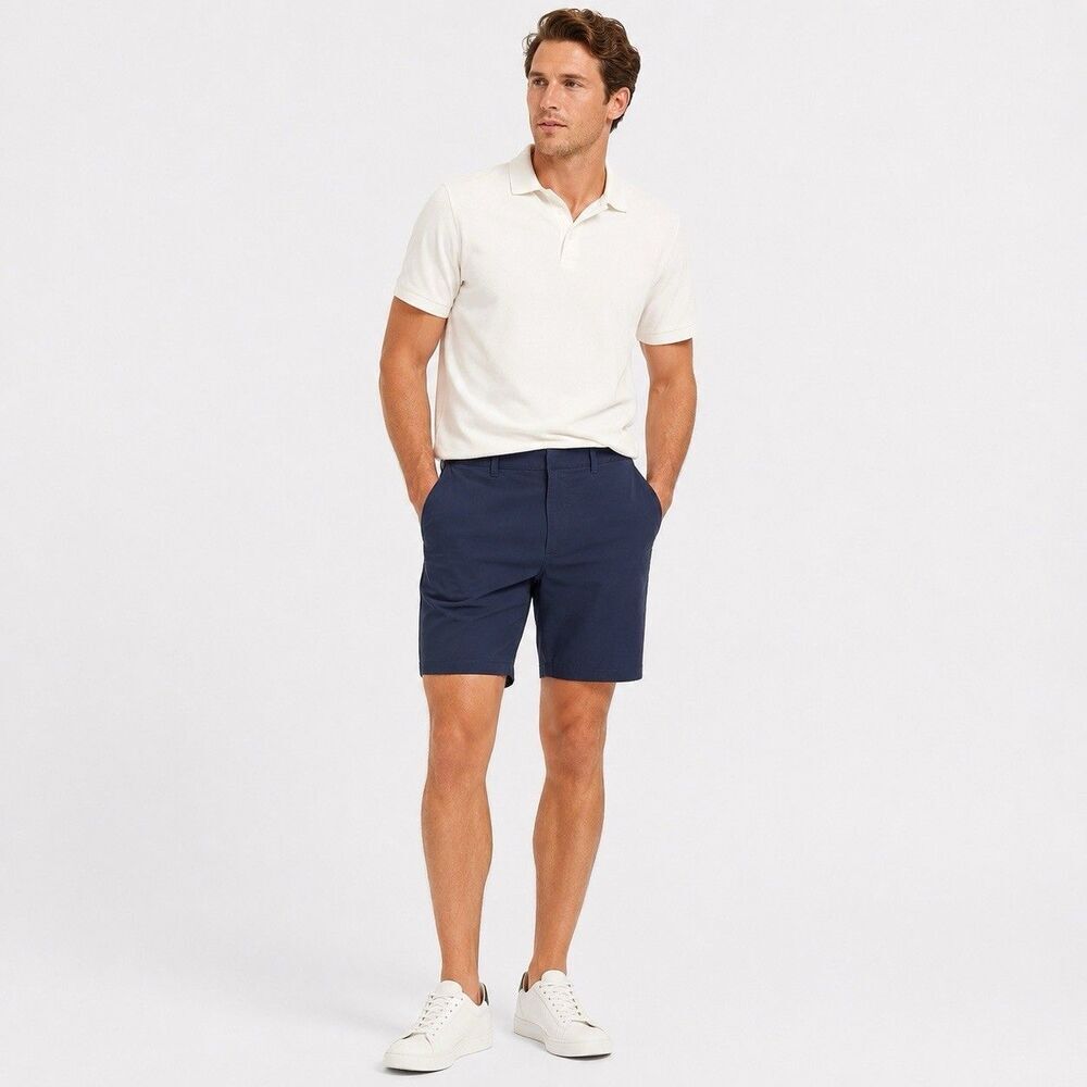 J Crew Mens Tech Golf Shorts 35 Navy Blue 9" Stretch Chino Zip Pockets EUC